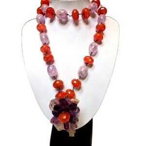 Cherry Quartz and Amethyst Stunning Floral Gemstone Statement Necklace  34"